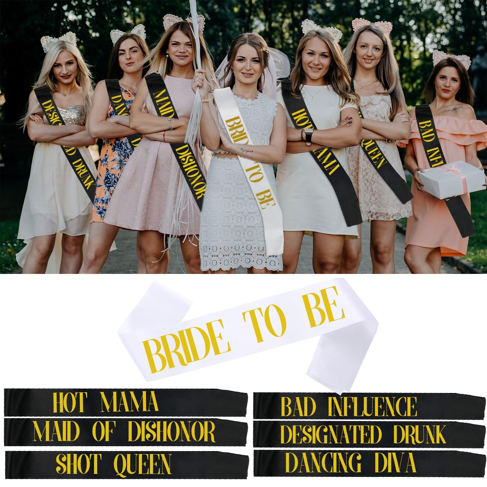 Bachelorette Sash Set (7 pcs) - Bride to Be Sash Bachelorette Party Decorations - Bride and Bridesmaid Sashes for Bachelorette party decorations (Black, Gold letters). Ideal Bridal Shower Supplies