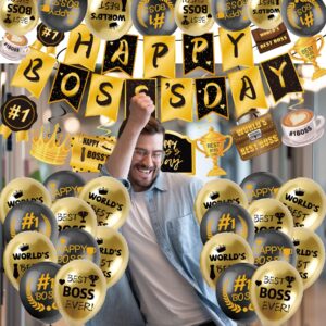 Happy Bos Day Decorations for Men 40PCS Bos Day Decorations For Office with Happy Bos's Day Banner Hanging Swirls Balloons Cake Topper Best Bos Ever Decorations Gold