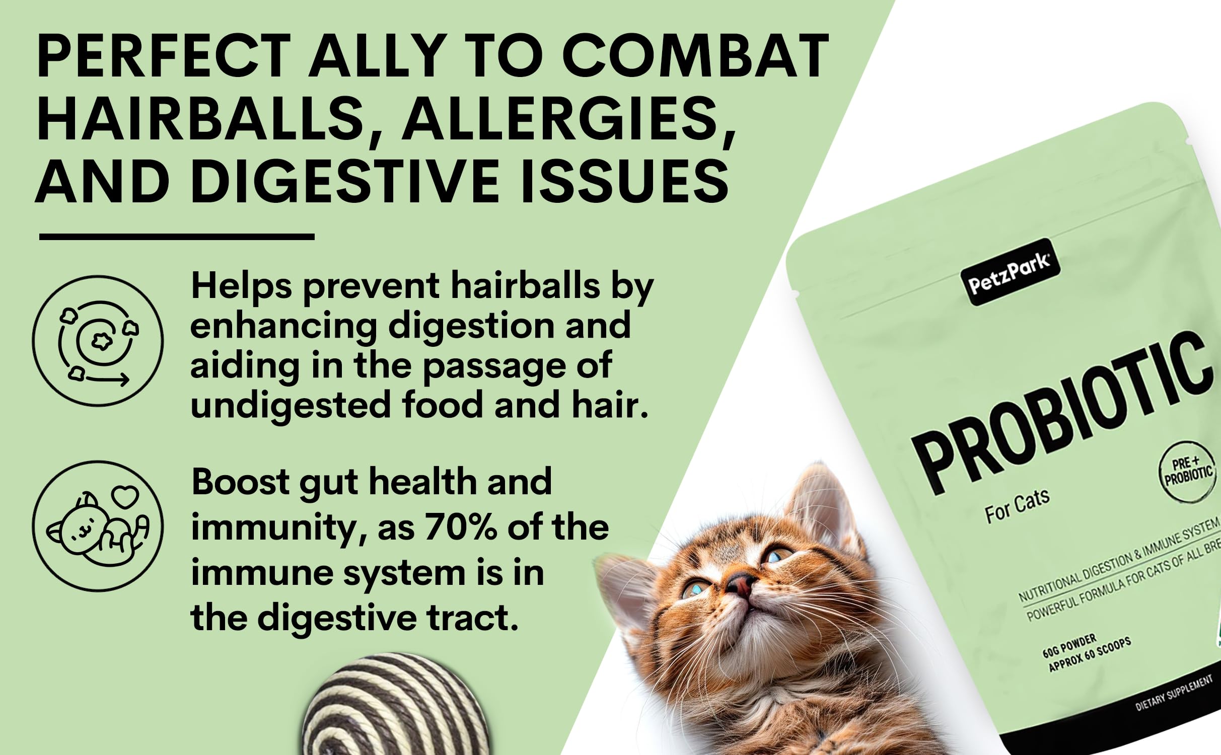 Probiotic for Cats & Kittens - Cat Probiotic Powder for Hairball Prevention, Digestive Support, Immune Health, Prebiotics, and Diarrhea Relief - Suitable for Indoor Cats & Kittens - 60 Scoops