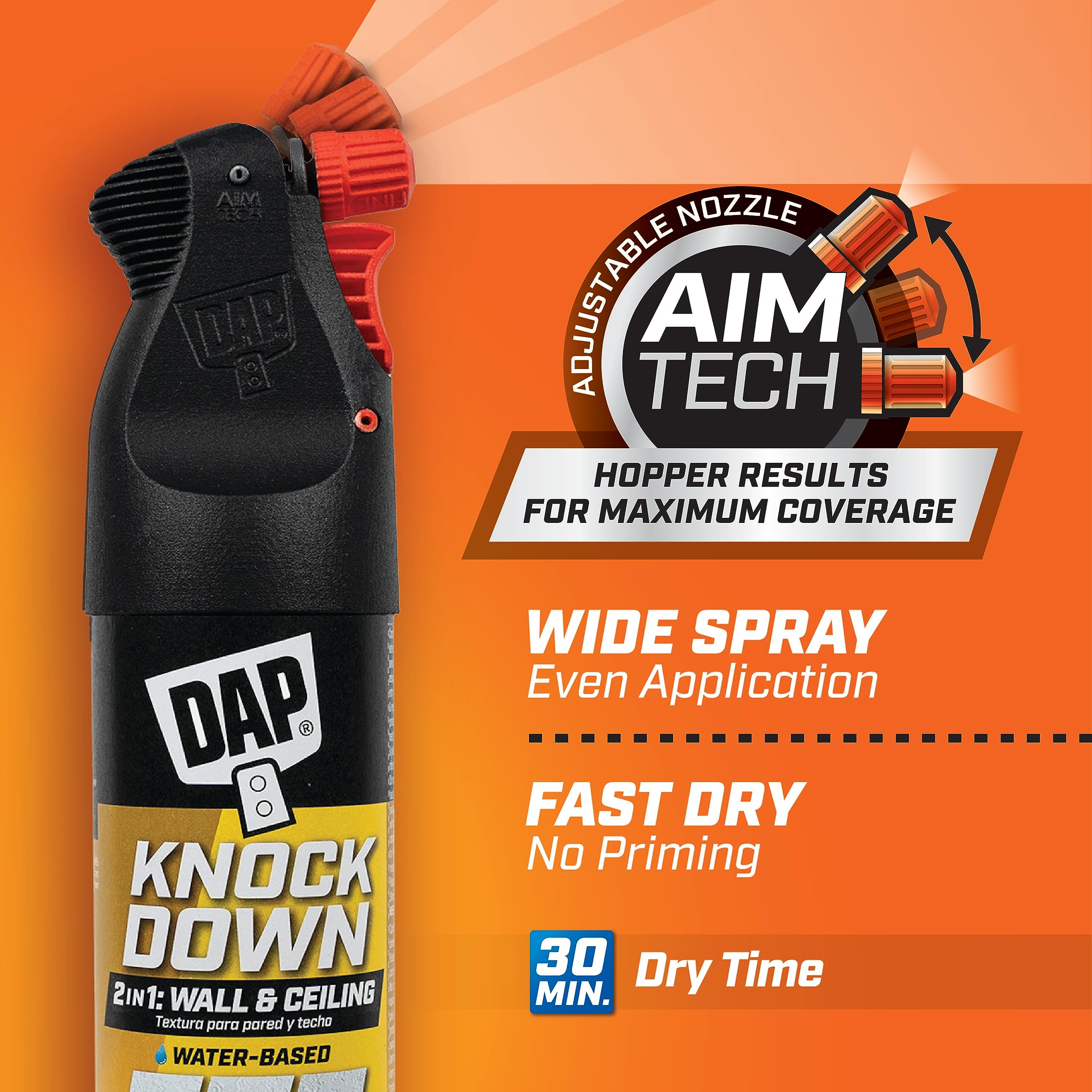 DAP Spray Texture Knockdown Water Based 2n1 Wall & Ceiling Texture Spray with Aim Tech Nozzle, White, 25 Oz (7079850010)