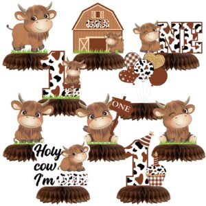 qilery 10 pcs holy cow first birthday decorations, cow first birthday honeycomb centerpiece party supplies for boy girl, baby 1st birthday farm cow table toppers sign decor