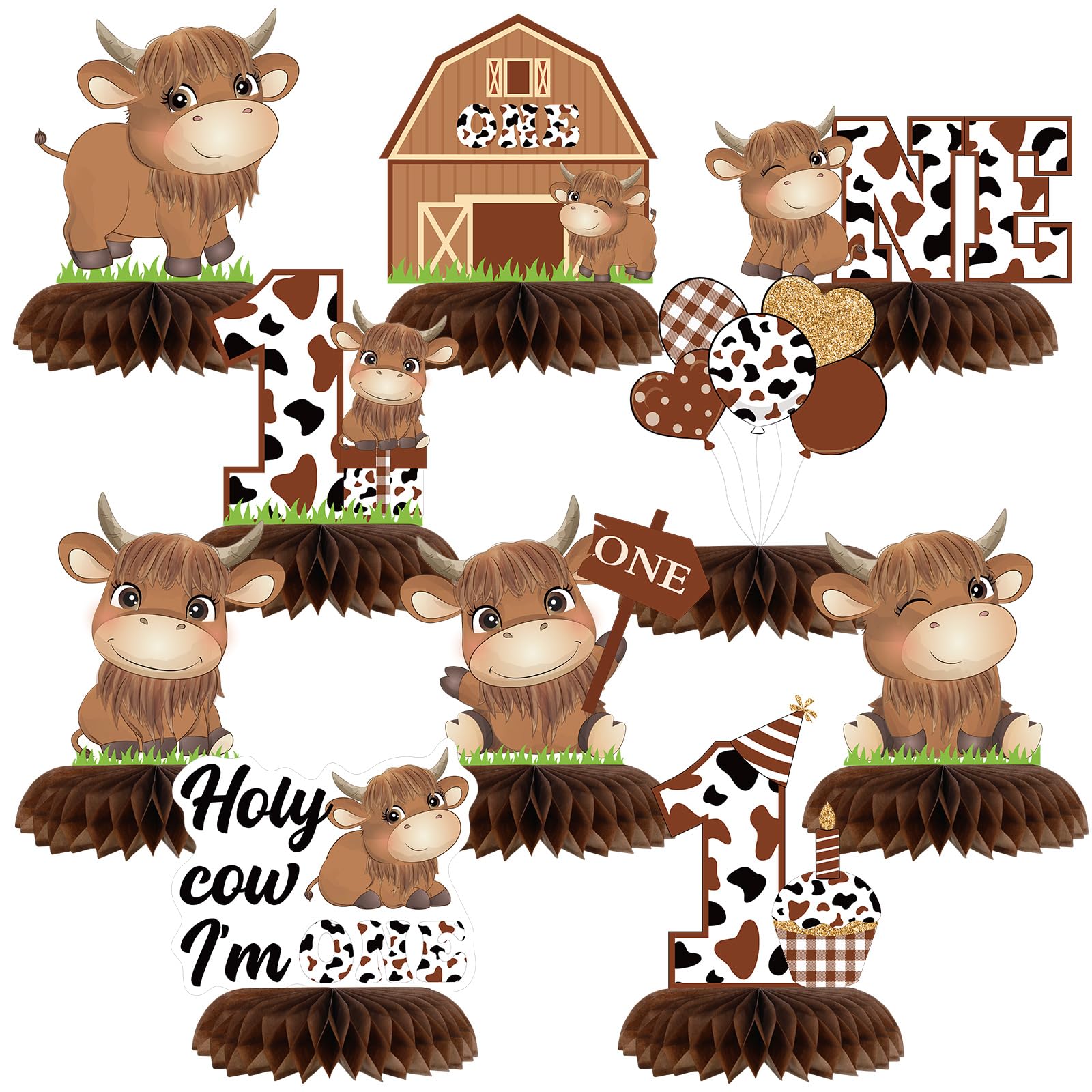 Qilery 10 Pcs Holy Cow First Birthday Decorations, Cow First Birthday Honeycomb Centerpiece Party Supplies for Boy Girl, Baby 1st Birthday Farm Cow Table Toppers Sign Decor