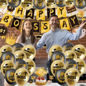 Happy Bos Day Decorations for Men 40PCS Bos Day Decorations For Office with Happy Bos's Day Banner Hanging Swirls Balloons Cake Topper Best Bos Ever Decorations Gold