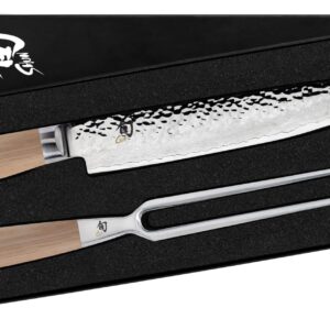 Shun Premier Blonde 2 Piece Carving Set, Includes 9.5" Premier Slicing Knife and Carving Fork, Handcrafted Japanese Knife Set, VG-MAX Core with Damascus Stainless Steel Cladding, Pakkawood Handle