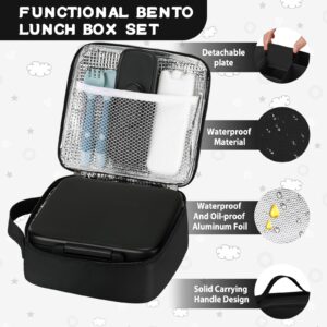 MAISON HUIS Kids Bento Lunch Box Set With 8oz Soup Thermo, Leakproof Lunch Containers with 5 Compartment, Thermo Hot Food Jar and Insulated Lunch Bag, BPA Free,Travel, School -Black