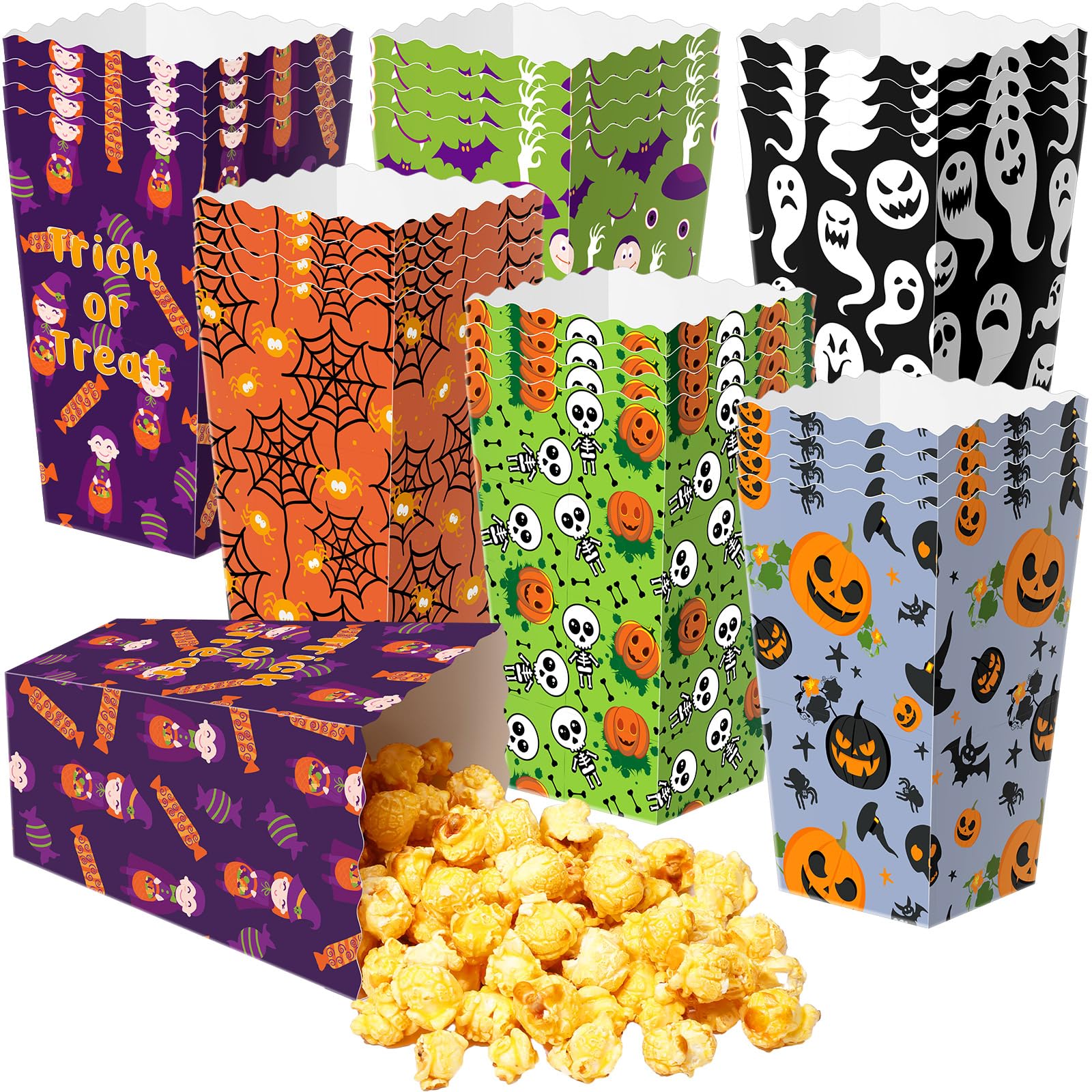 Roshtia 24 Pcs Halloween Theme Party Popcorn Favor Boxes in 6 Designs Trick or Treating Snack Treat Box Candy Cookie Container Event Party Favor Supplies, Halloween Snacks (Figure)