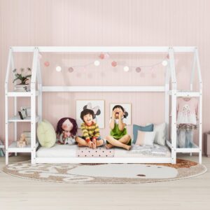 harper & bright designs twin floor bed for kids, wood house floor bed frame with 2 detachable stands, twin size house bed for children girls, boys,can be decorated, white