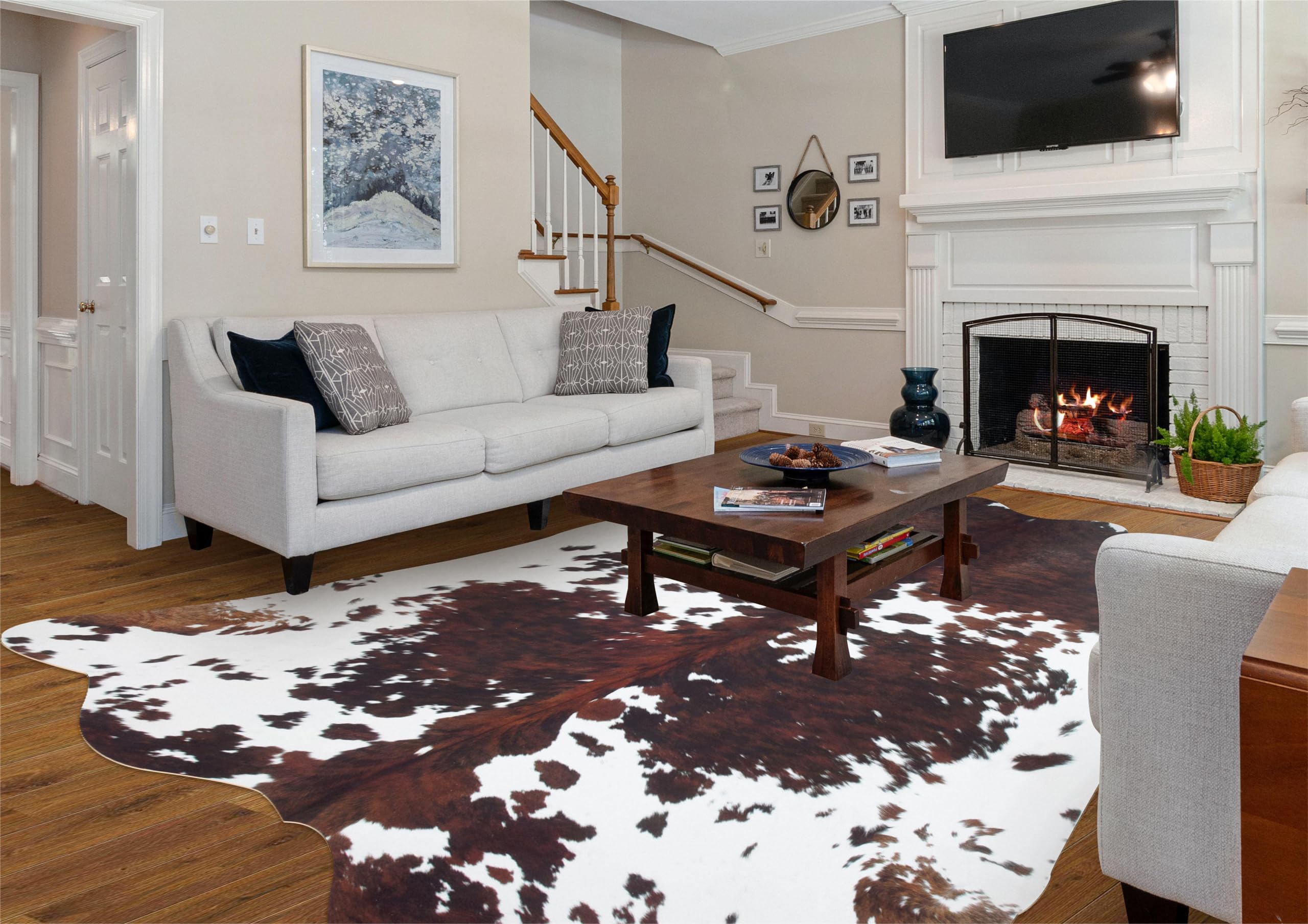 coffinsea Faux Cowhide Rug 5.2x4.6 ft Area Rugs Cow Hide Area Rugs Carpet Western Rugs for Bedroom Living Room Dining Room Decor Animal Print Rugs Cow Rug for Western Home Decor Fur Rug Carpets