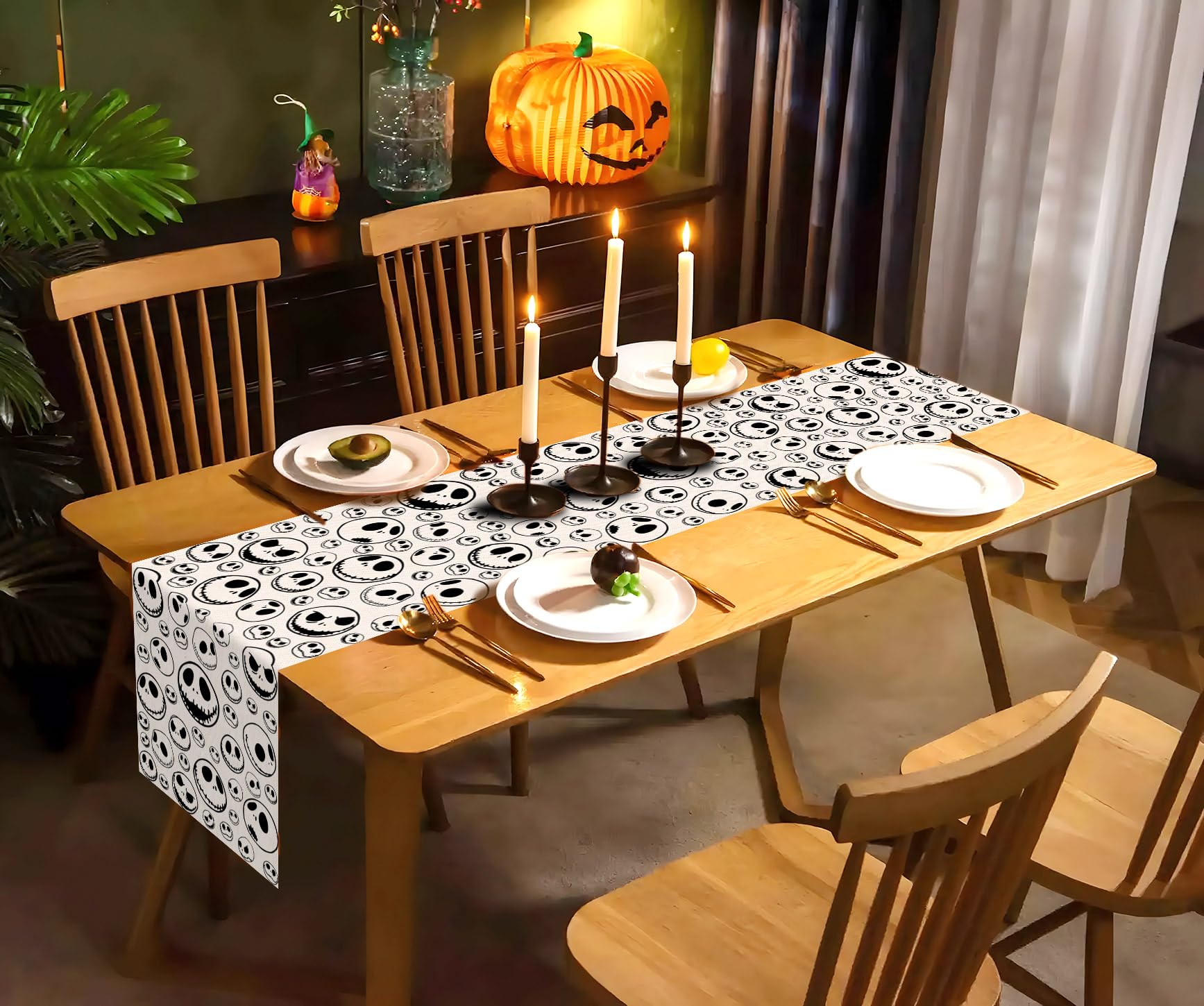 Vohado Nightmare Before Christmas Table Runner Jack Skellington Birthday Party Decorations Halloween Sugar Dining Room Home Kitchen Decor (White, 13" x 72")