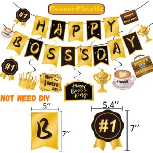 Happy Bos Day Decorations for Men 40PCS Bos Day Decorations For Office with Happy Bos's Day Banner Hanging Swirls Balloons Cake Topper Best Bos Ever Decorations Gold