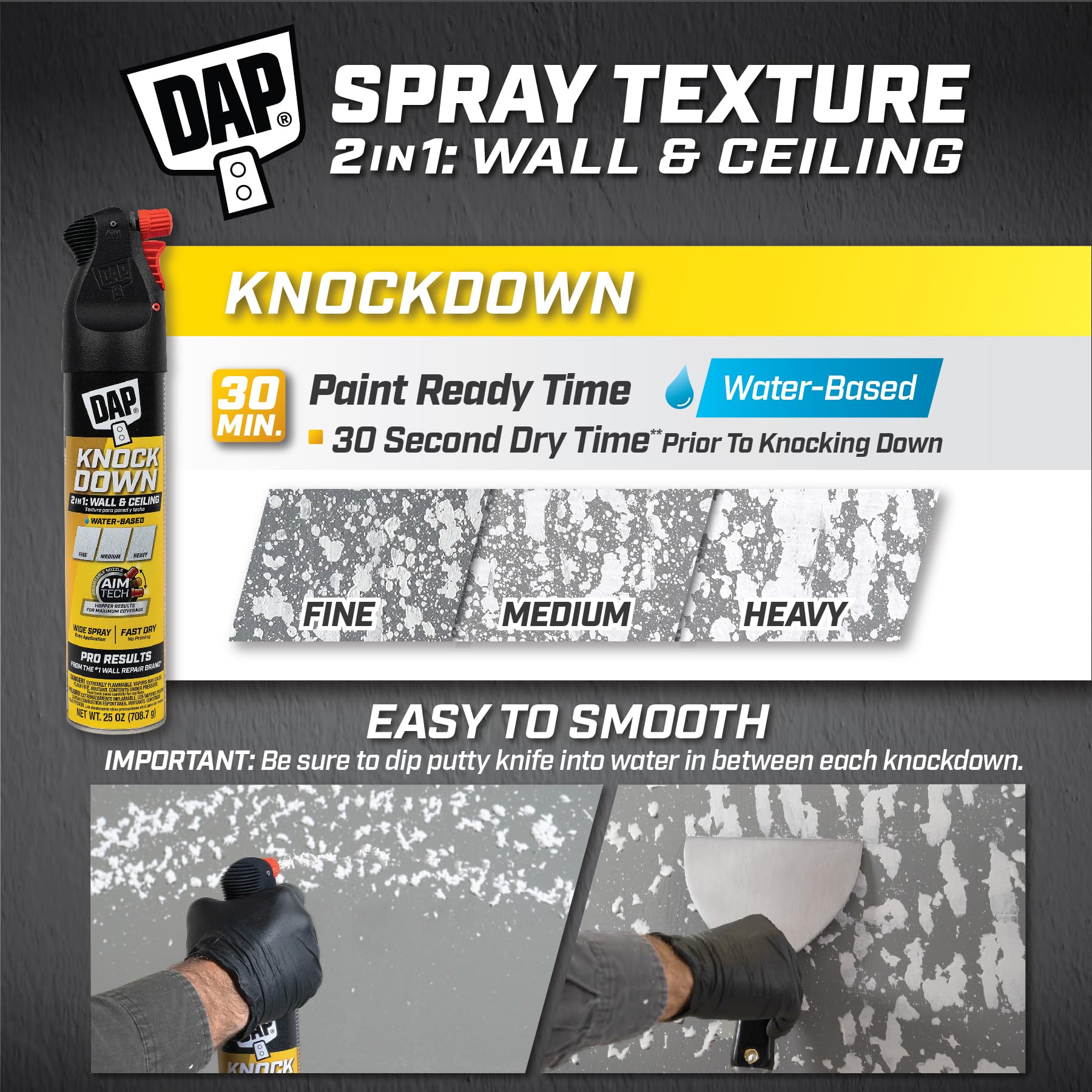 DAP Spray Texture Knockdown Water Based 2n1 Wall & Ceiling Texture Spray with Aim Tech Nozzle, White, 25 Oz (7079850010)