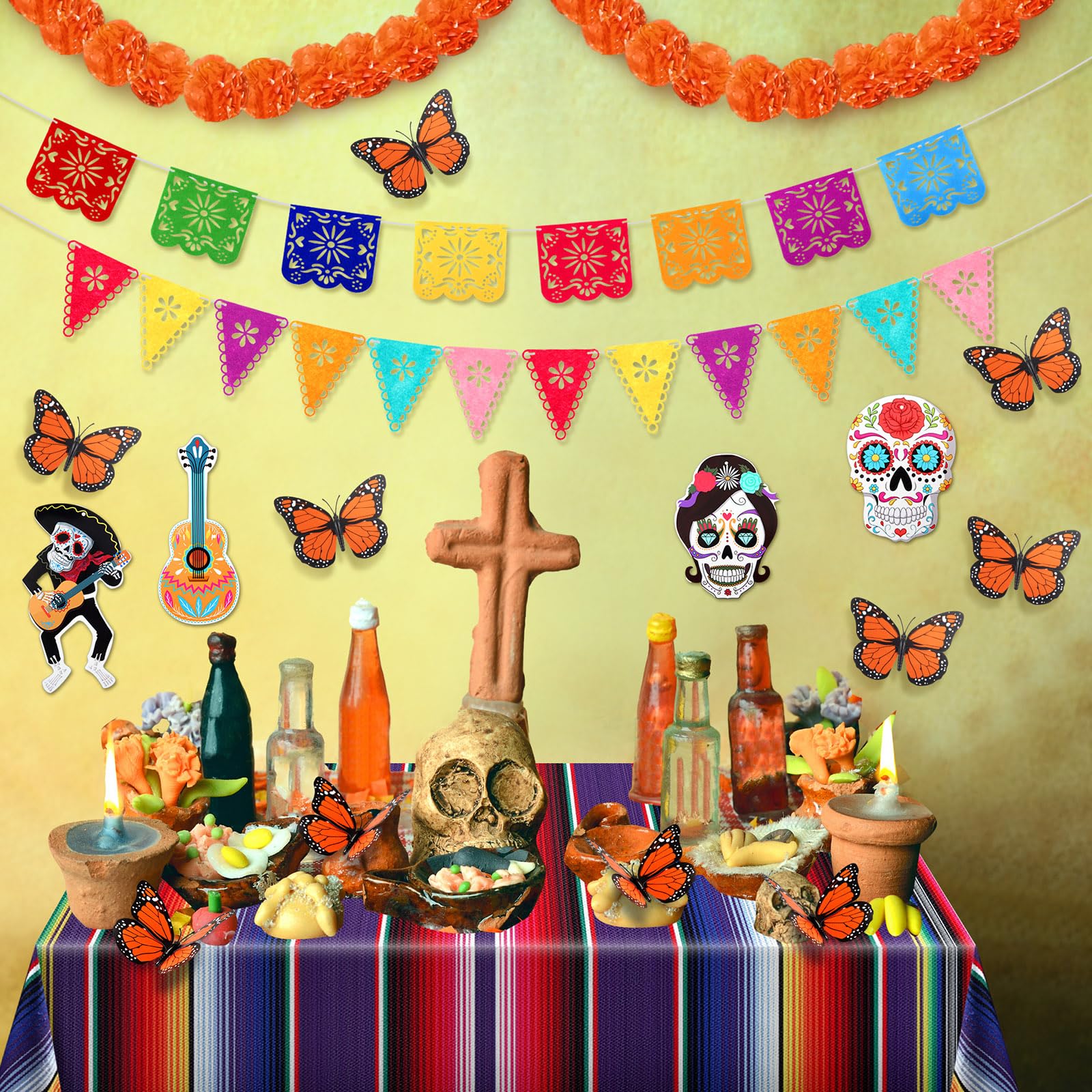 30 Pcs Day of the Dead Decorations Set Altar De Ofrendas Marigold Garland Mexican Banners Serape Tablecloth Skull Hanging Swirl Monarch Butterfly for Dia De Los Muertos Fiesta Party(Orange)