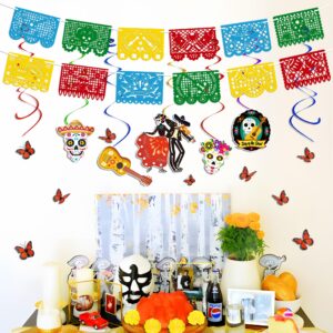 110 PCS Dia De Los Muertos Decorations Set: Day of the Dead Decor Papel Picado Marigold Butterfly Hanging Swirls for Ofrenda Altar