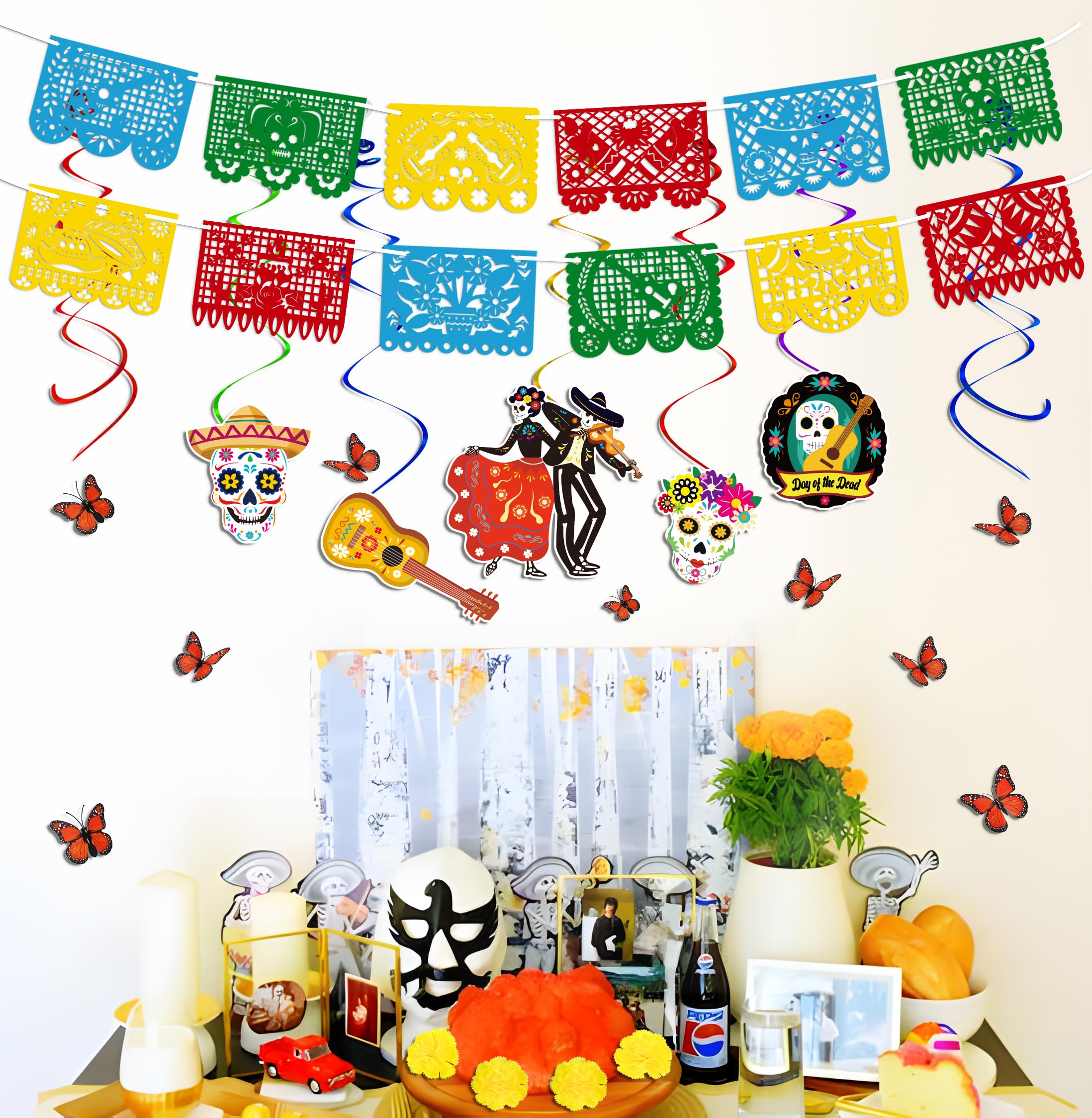 110 PCS Dia De Los Muertos Decorations Set: Day of the Dead Decor Papel Picado Marigold Butterfly Hanging Swirls for Ofrenda Altar