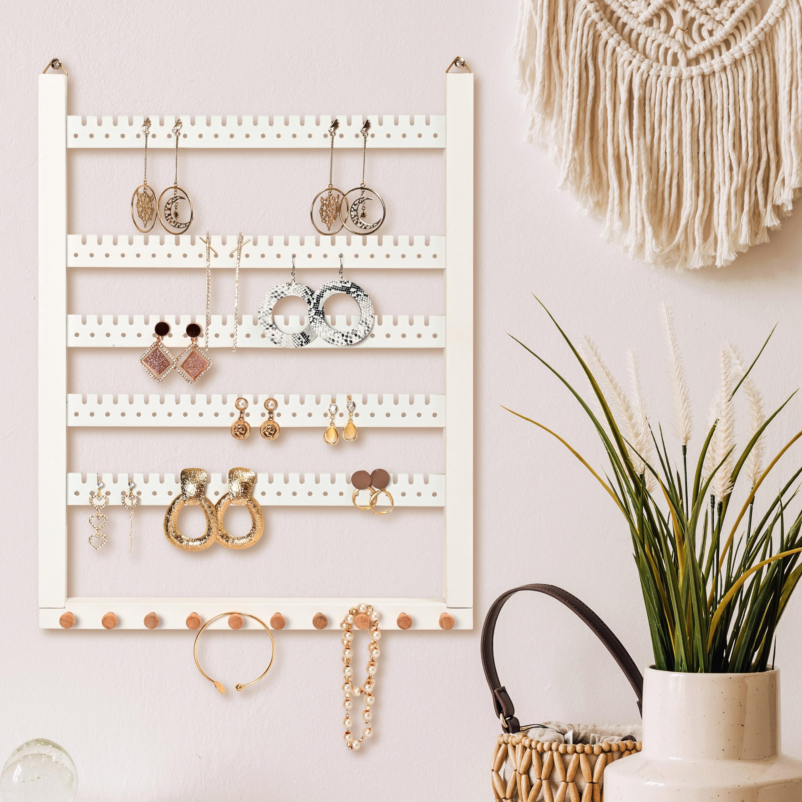 Wall Mounted Earring Organizer, Earring Holder Organizer Wall,Solid Wood Earring Hanging Jewelry Organizer and Storage, Wooden Necklace Holder, Earring Display for Studs, Dangling, Bracelet and Rings