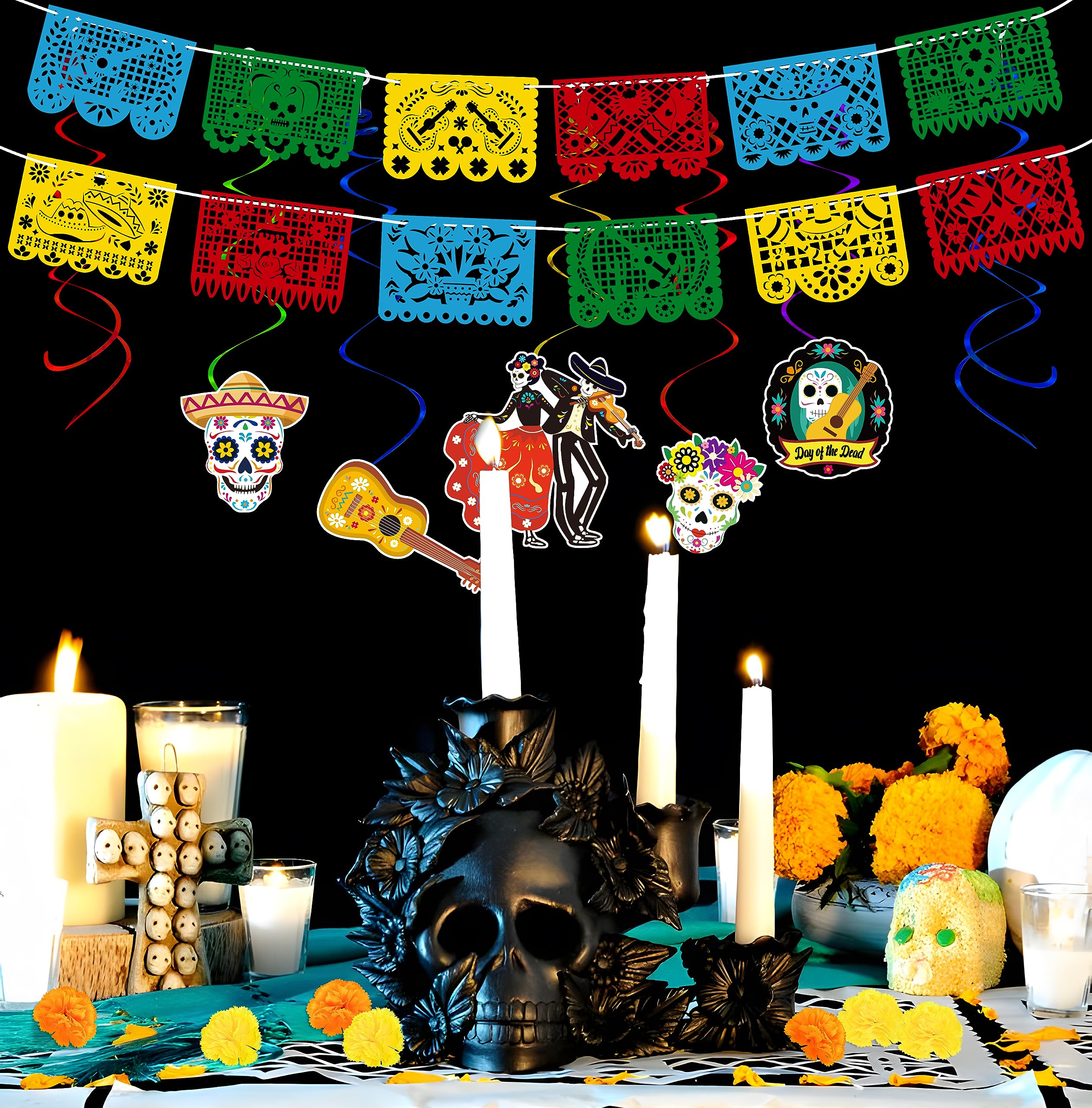 110 PCS Dia De Los Muertos Decorations Set: Day of the Dead Decor Papel Picado Marigold Butterfly Hanging Swirls for Ofrenda Altar