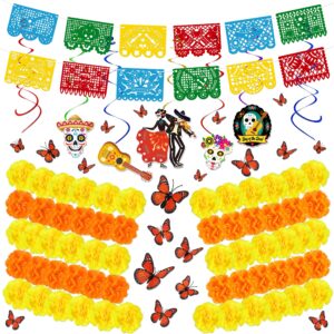 110 pcs dia de los muertos decorations set: day of the dead decor papel picado marigold butterfly hanging swirls for ofrenda altar