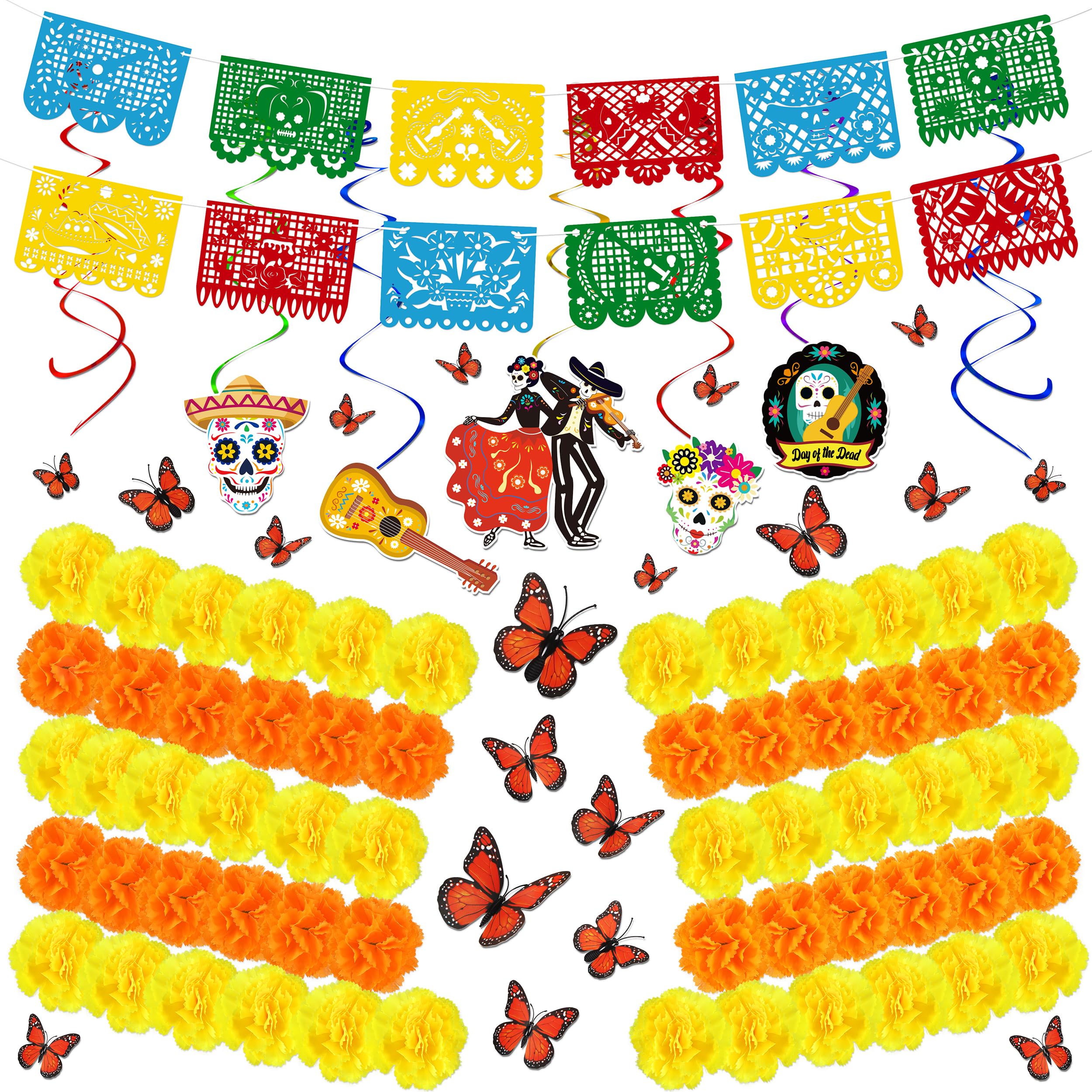 110 PCS Dia De Los Muertos Decorations Set: Day of the Dead Decor Papel Picado Marigold Butterfly Hanging Swirls for Ofrenda Altar