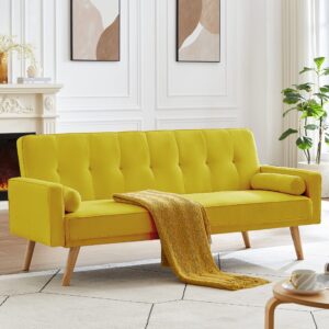 MWrouqfur Modern Fabric Sofa Bed Futon,Convertible Sleeper Loveseat with 2 Pillows and Armrests,75" Folding Recliner Couch Bed with Solid Wood Legs for Living Room Apartments Office (Yellow-New)