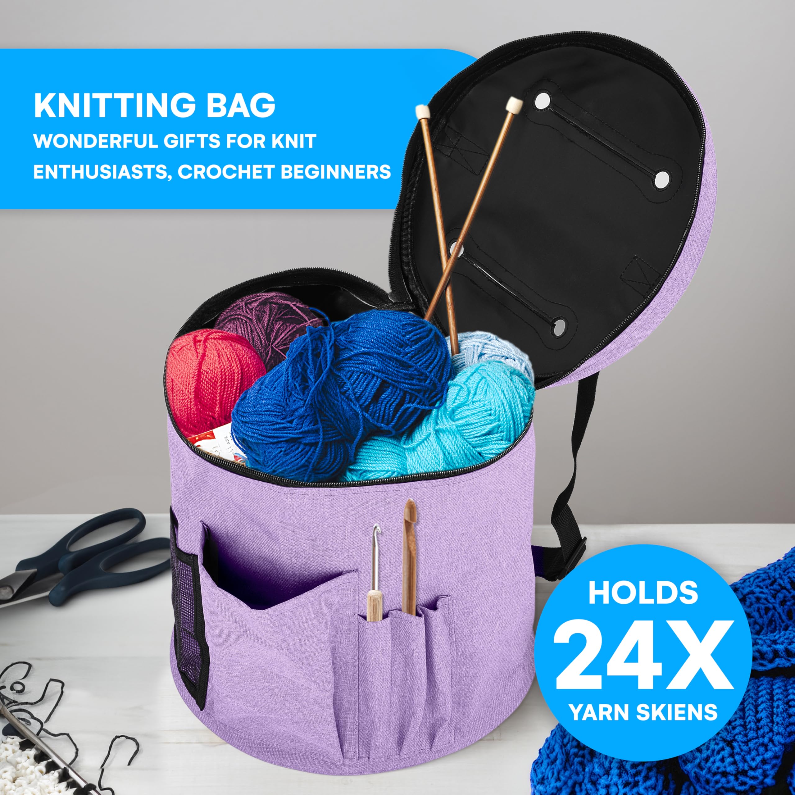 Bins & Things Knitting Bag Yarn Storage - Crochet Bag for Knitting & Crochet Bags with 2 External Pockets - Durable Natural Fabric - Big Capacity Yarn Bag - Puple Yarn Organizers and Storage