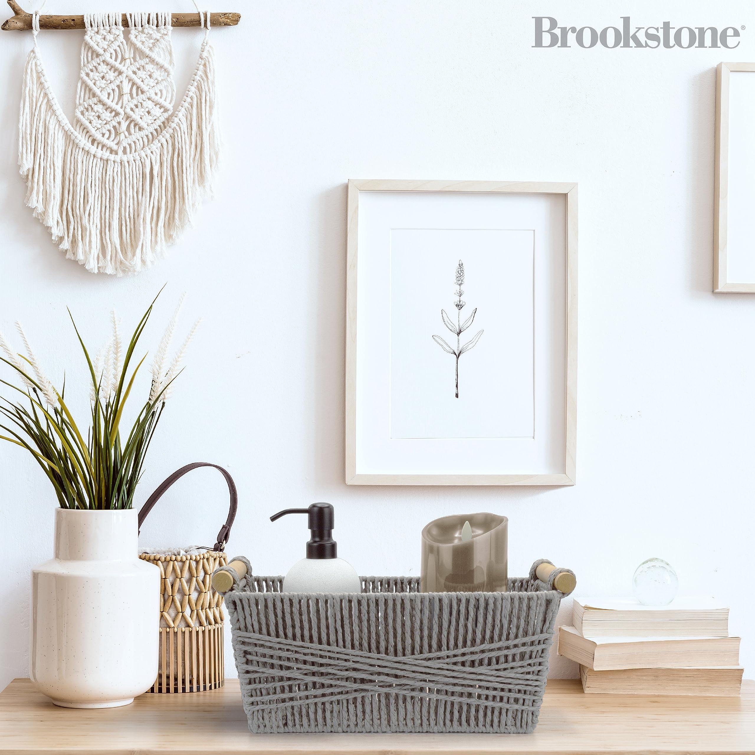 BROOKSTONE, [2 PIECE SET] Wicker Storage Basket with Crafted Wood Handles, Organization and Storage Container, Decorative Shelf Bin, Over the Toilet Paper Reserve, Suitable for Any Home Décor Style