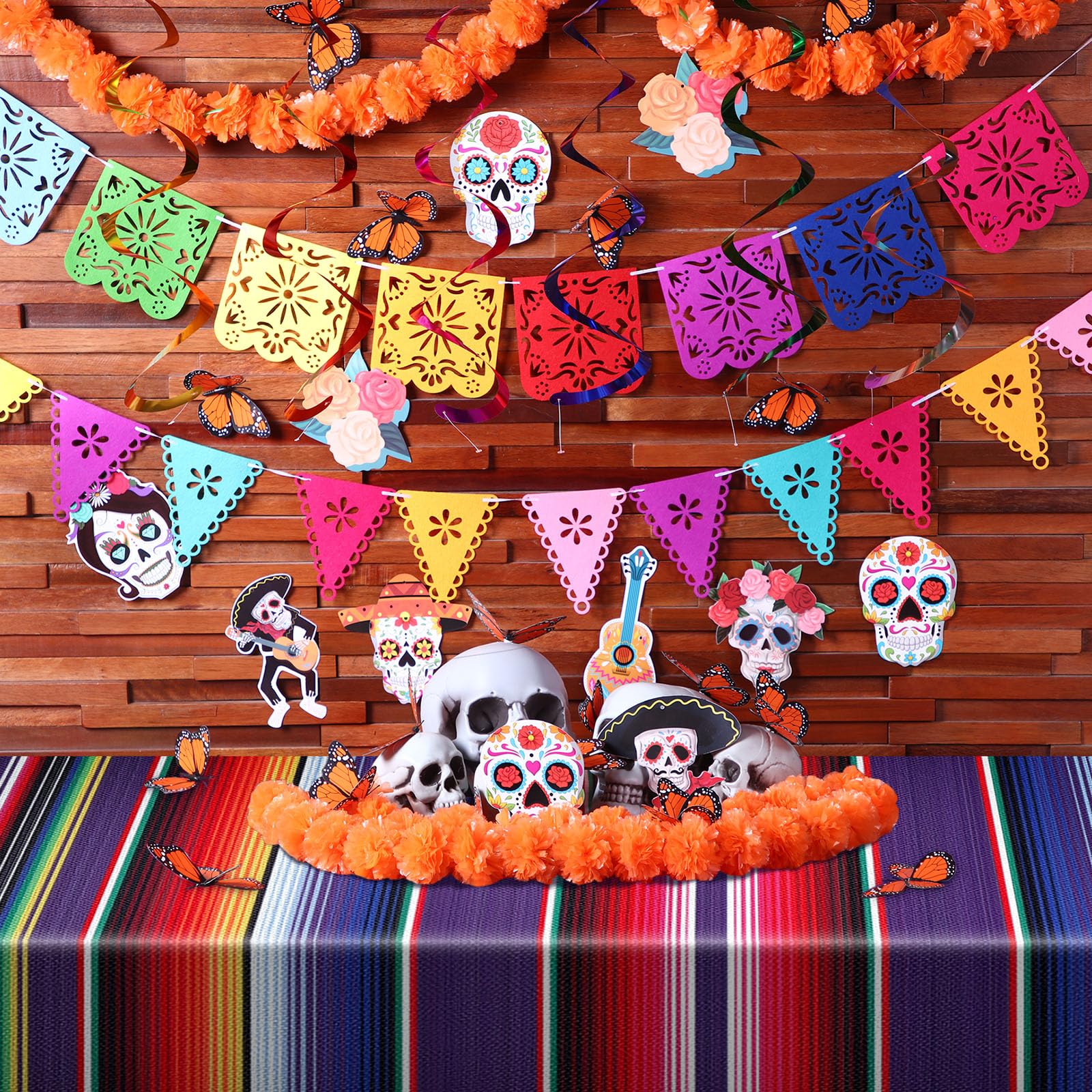 30 Pcs Day of the Dead Decorations Set Altar De Ofrendas Marigold Garland Mexican Banners Serape Tablecloth Skull Hanging Swirl Monarch Butterfly for Dia De Los Muertos Fiesta Party(Orange)