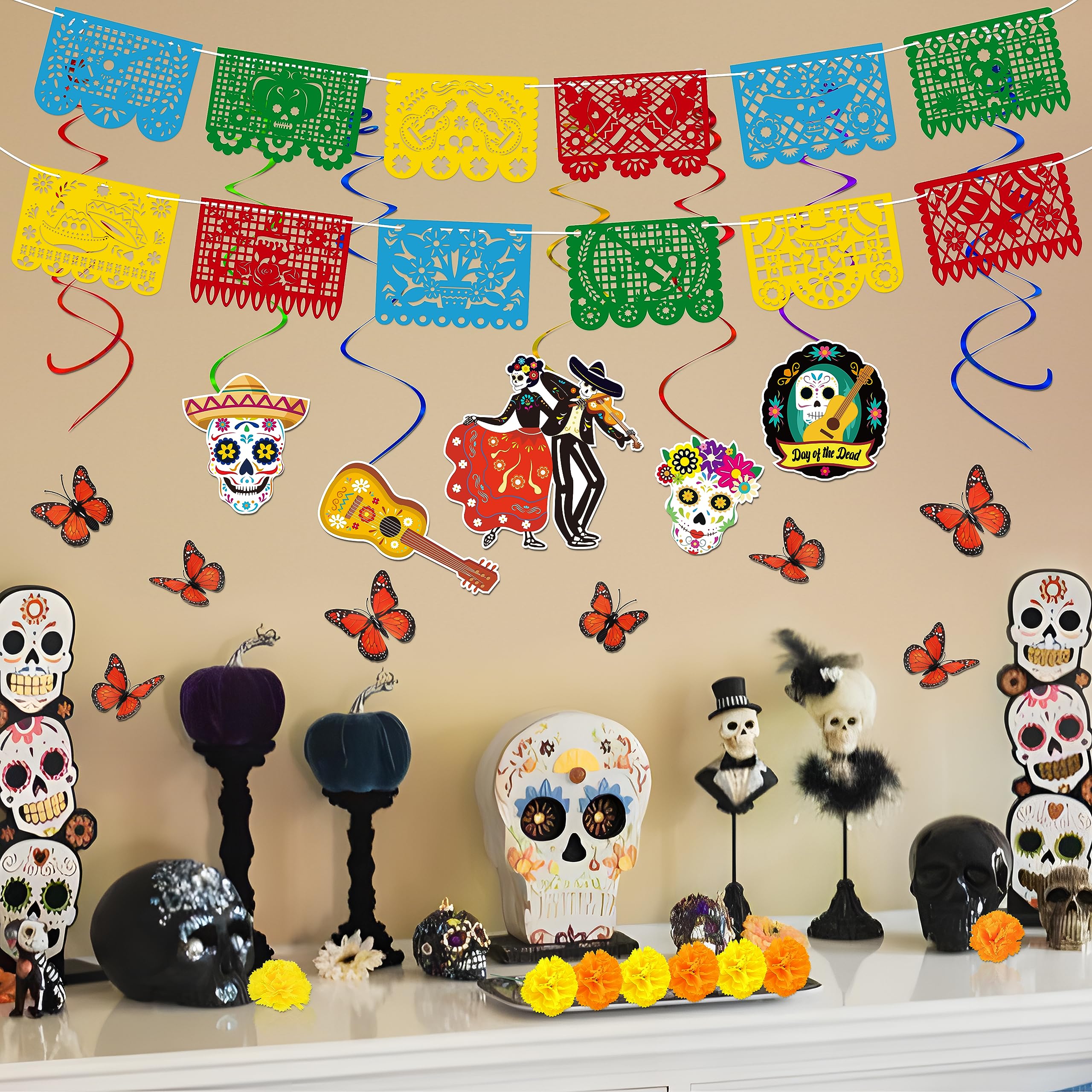 110 PCS Dia De Los Muertos Decorations Set: Day of the Dead Decor Papel Picado Marigold Butterfly Hanging Swirls for Ofrenda Altar