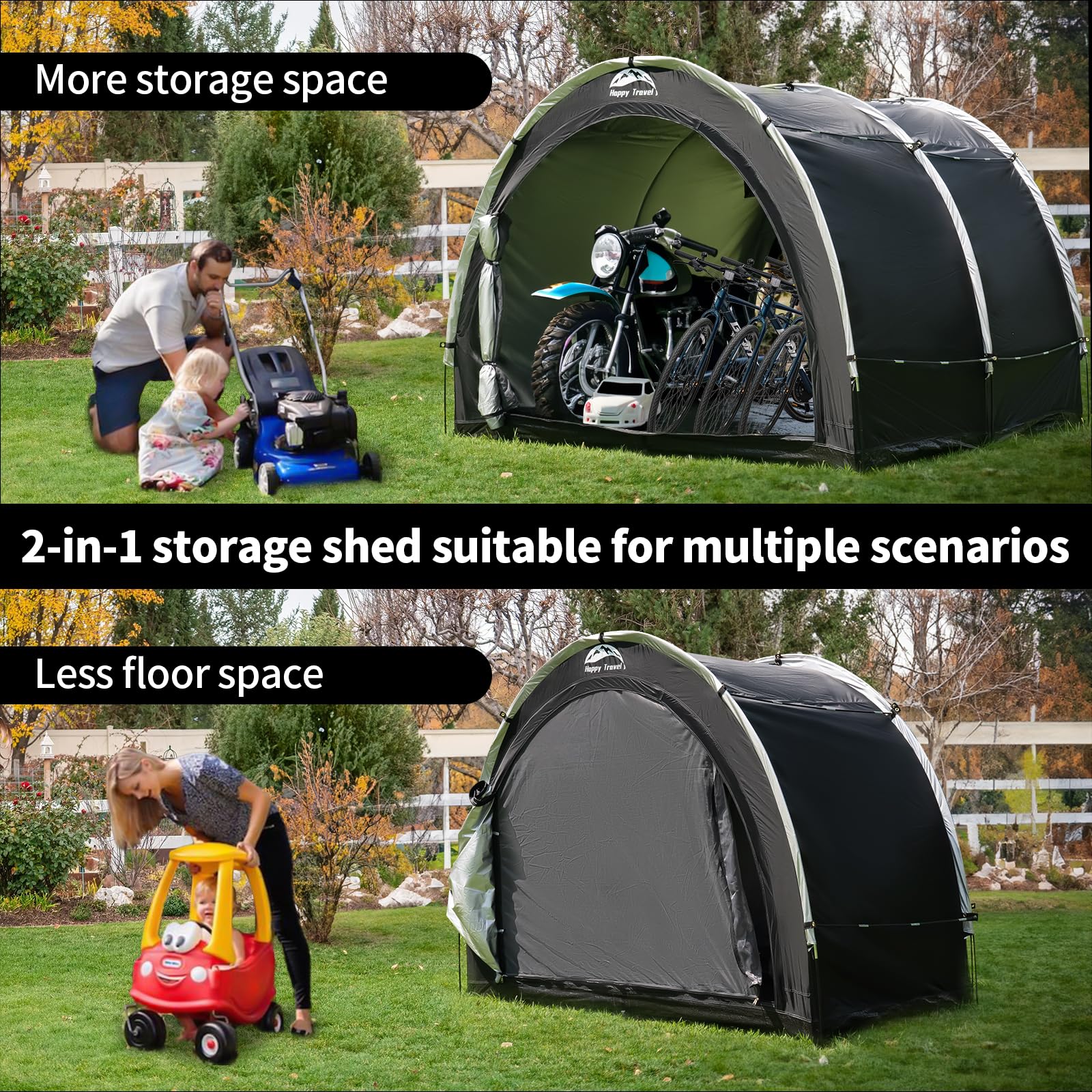 Happy Travel Bike Storage Tent Shed,Large Outdoor Waterproof Bicycle Covers Shelter with Window for 2/4/6/8 Bikes,Oversized Outside Portable Sheds for Lawn Mower,Garden Tools (Black)