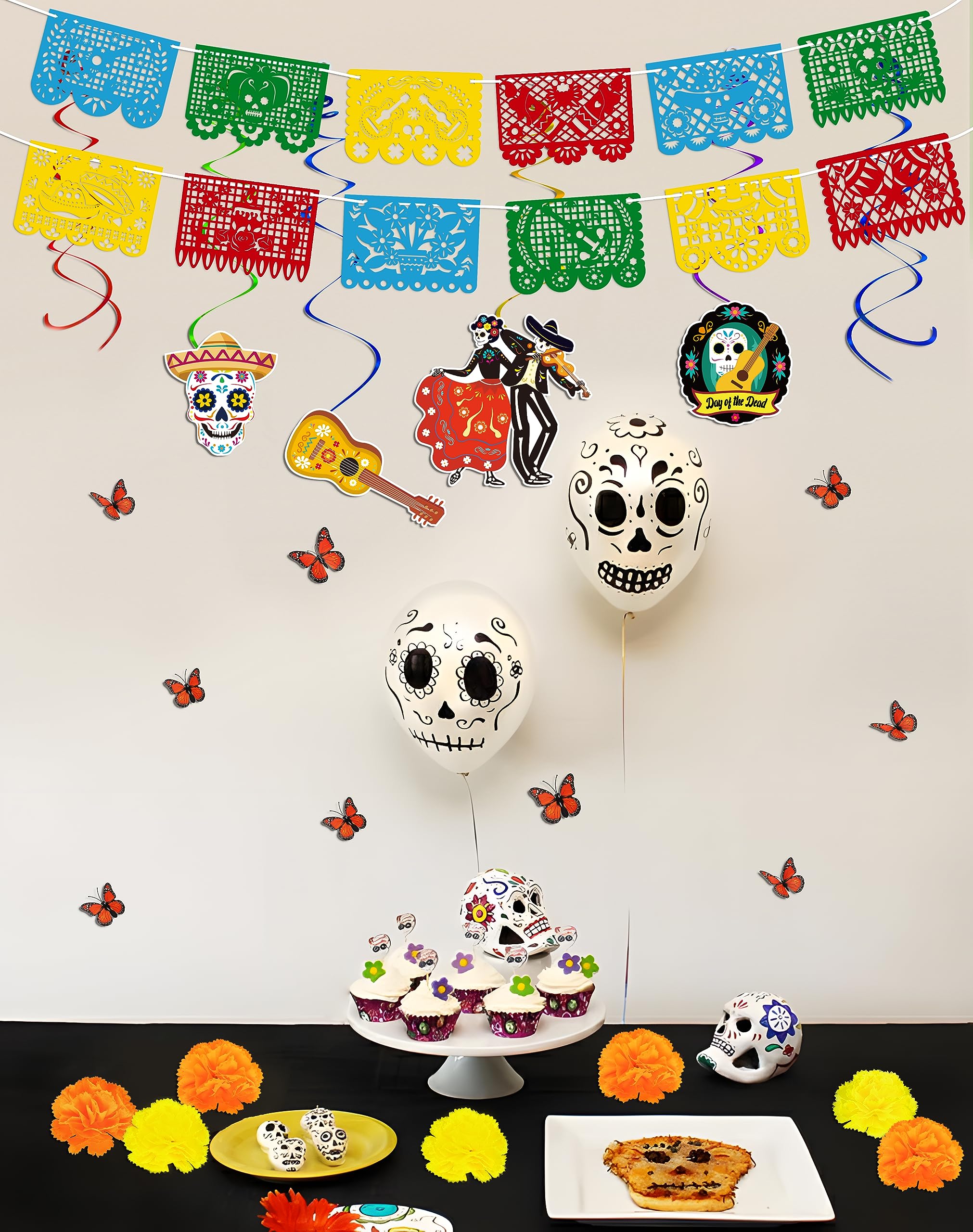 110 PCS Dia De Los Muertos Decorations Set: Day of the Dead Decor Papel Picado Marigold Butterfly Hanging Swirls for Ofrenda Altar