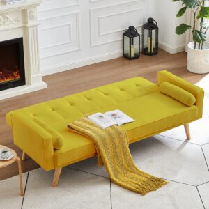 MWrouqfur Modern Fabric Sofa Bed Futon,Convertible Sleeper Loveseat with 2 Pillows and Armrests,75" Folding Recliner Couch Bed with Solid Wood Legs for Living Room Apartments Office (Yellow-New)