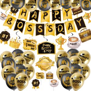 happy bos day decorations for men 40pcs bos day decorations for office with happy bos's day banner hanging swirls balloons cake topper best bos ever decorations gold