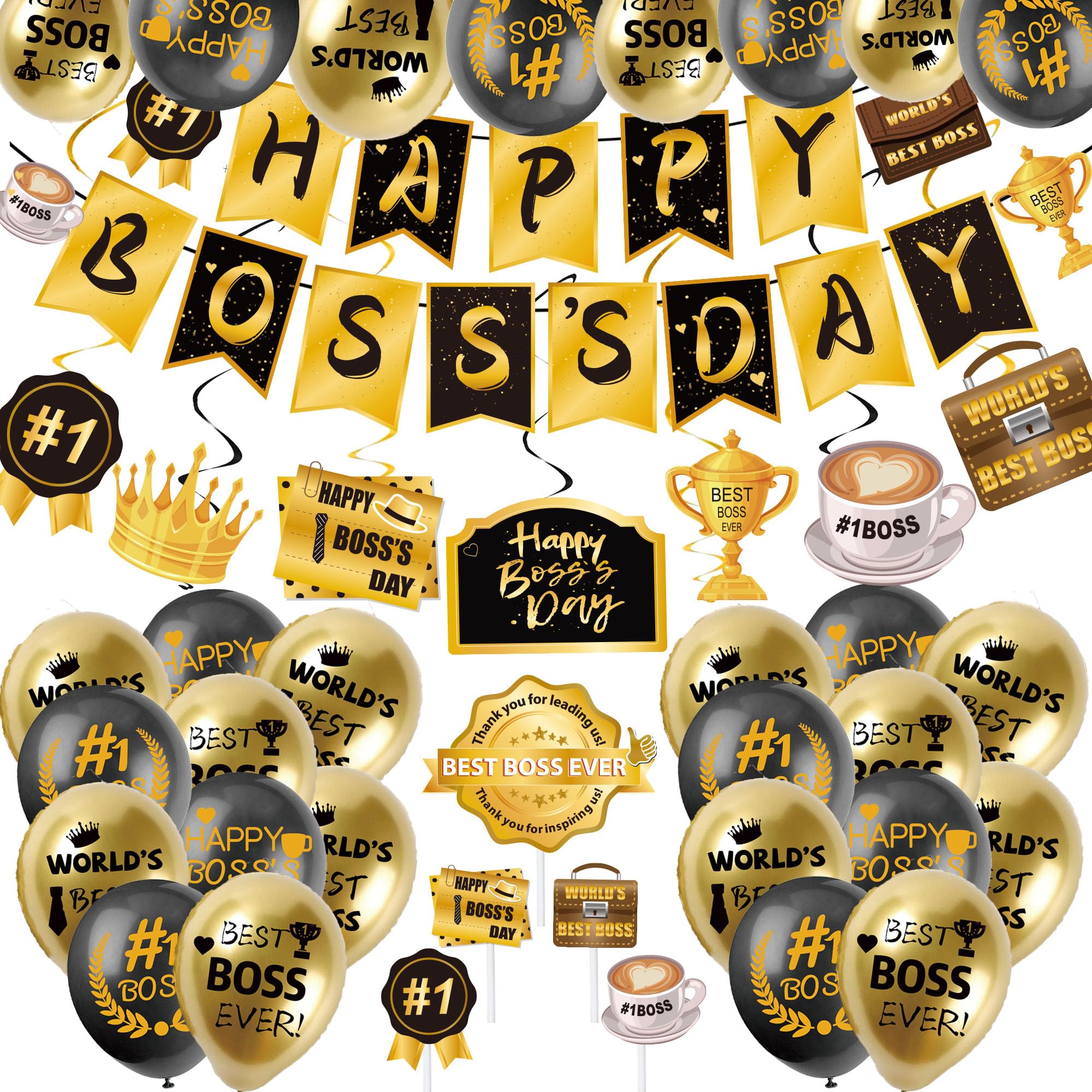 Happy Bos Day Decorations for Men 40PCS Bos Day Decorations For Office with Happy Bos's Day Banner Hanging Swirls Balloons Cake Topper Best Bos Ever Decorations Gold