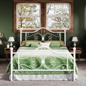 allewie full size bed frame with headboard,metal bed frame with butterfly pattern design headboard & footboard,no box spring needed,easy assembly,white