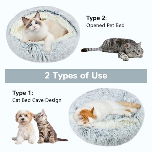 Arquiel Cat Bed Round, Hooded Cat Bed Cave Fluffy Dog Beds, Cozy Donut Anti Anxiety Dog Bed for Small Dog and Cat, Gifts for Cat Lovers(20×20inch, Grey)