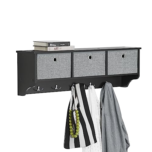 SoBuy Wall Shelf with Hooks, Coat Rack Wall Mount with Shelf Entrywall Storage Cabinet Unit with 3 Baskets 5 Hooks, Black, FRG282-SCH