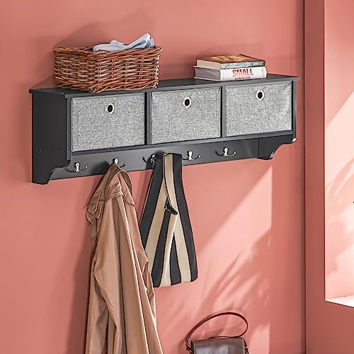 SoBuy Wall Shelf with Hooks, Coat Rack Wall Mount with Shelf Entrywall Storage Cabinet Unit with 3 Baskets 5 Hooks, Black, FRG282-SCH