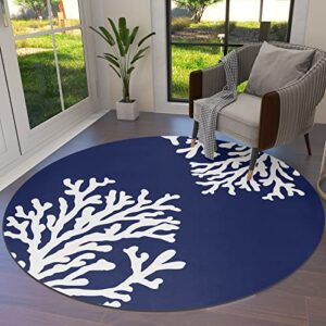 Round Area Rug 4ft Coral Beach Floor Carpets Washable Indoor Floor Area Mat Stain-Proof Mat Non-Skid Rugs for Living Room Dining Kitchen Bedroom Nursery, Ocean Theme Navy Blue Nautical Rug