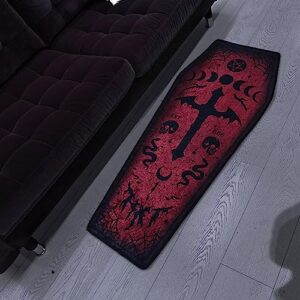 Halloween Carpet Dark Gothic Carpet for Living Room Decoration Coffin Shaped Rug Soft Non Slip Bedroom Home Party Supplies 51x19 Inch (Red)