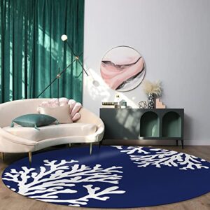 Round Area Rug 4ft Coral Beach Floor Carpets Washable Indoor Floor Area Mat Stain-Proof Mat Non-Skid Rugs for Living Room Dining Kitchen Bedroom Nursery, Ocean Theme Navy Blue Nautical Rug