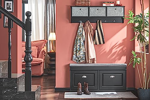 SoBuy Wall Shelf with Hooks, Coat Rack Wall Mount with Shelf Entrywall Storage Cabinet Unit with 3 Baskets 5 Hooks, Black, FRG282-SCH