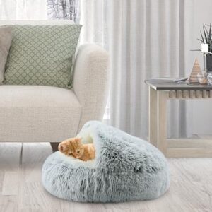 Arquiel Cat Bed Round, Hooded Cat Bed Cave Fluffy Dog Beds, Cozy Donut Anti Anxiety Dog Bed for Small Dog and Cat, Gifts for Cat Lovers(20×20inch, Grey)