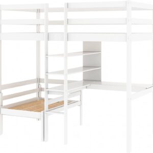 MERITLINE Twin Loft Bed with Desk,Wooden Twin Bunk Bed with Desk and Bookshelf,Convertible Loft Bed for Kids Girls Boys Teens Bedroom, No Box Spring Needed, White