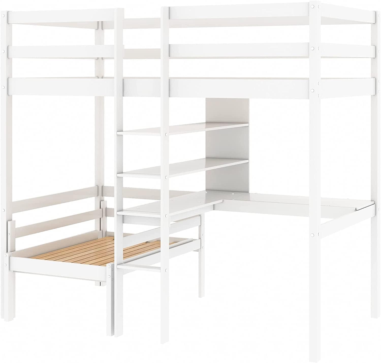 MERITLINE Twin Loft Bed with Desk,Wooden Twin Bunk Bed with Desk and Bookshelf,Convertible Loft Bed for Kids Girls Boys Teens Bedroom, No Box Spring Needed, White