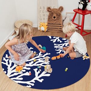 Round Area Rug 4ft Coral Beach Floor Carpets Washable Indoor Floor Area Mat Stain-Proof Mat Non-Skid Rugs for Living Room Dining Kitchen Bedroom Nursery, Ocean Theme Navy Blue Nautical Rug