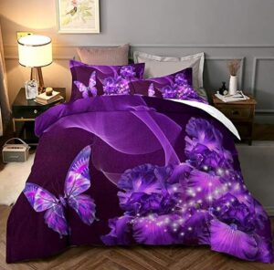 bedroomdecro purple bedding duvet cover with zipper closure 3d galaxy purple butterfly floral printed bedding soft microfiber comforter cover, king (104"x90")- 3 pieces (1 duvet cover +2 pillowcases)