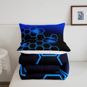 Feelyou Blue and Black Bedding Set Twin Size Honeycomb Comforter Set for Kids Boys Girls Decor Geometrical Comforter Beehive Pattern Blue Theme Duvet Set Bedroom Quilt Set