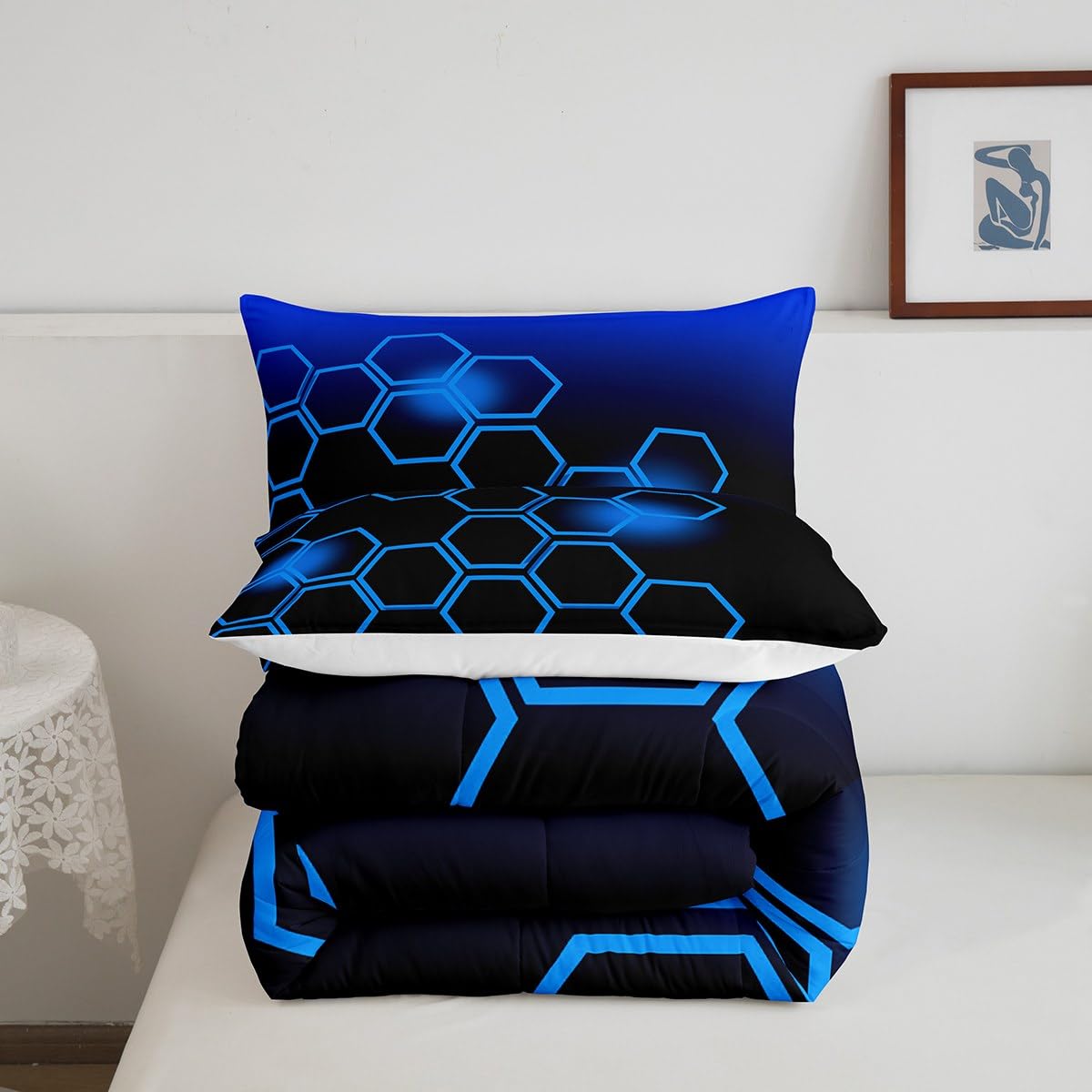 Feelyou Blue and Black Bedding Set Twin Size Honeycomb Comforter Set for Kids Boys Girls Decor Geometrical Comforter Beehive Pattern Blue Theme Duvet Set Bedroom Quilt Set