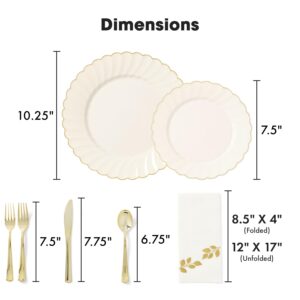 By Madee HEAVYWEIGHT 175 Pc Thanksgiving Plates and Napkins Sets | Ivory Scalloped Plates with Gold Trim | Fall Plastic Plates, Cutlery, Gold Leaf Napkins | High End Disposable Plates (25 Guests)