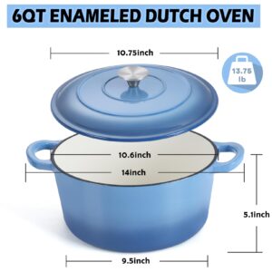 TeamFar 6QT Dutch Oven with Lid, Enameled Nonstick Cast Iron Dutch Oven Cooking Pot for Stewing Baking Braising, Various Stoves & Oven Safe, Toxic Free & Solid, Dual Handles & Easy Cleanup - Blue