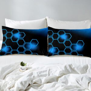 Feelyou Blue and Black Bedding Duvet Cover Set Queen Size Honeycomb Bedding Set for Kids Boys Girls Decor Geometrical Comforter Cover Set Beehive Pattern Blue Bedspread Cover Bedroom Bedclothes